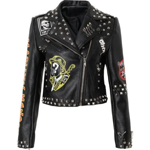 Spring Autumn New Slim Rivet Graffiti PU Leather Jacket Women Printing Lapel Coat Female Fashion Punk Motorcycle Jacket y1110