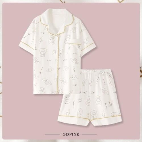 Summer Cotton Pajama Set For Women Kawaii Anime Pijama Party Short Sleeve Pyjama 2 Pieces Home Clothes Cartoon Dog Femme Suits