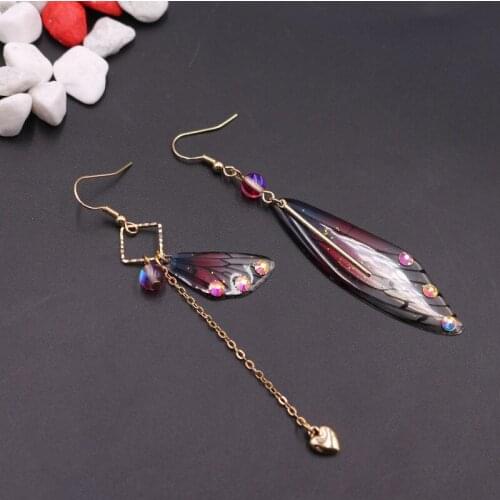 Fantasy Neon Color Rhinestone Cicada Wings Earrings Trendy New Butterfly Gradient Pink Purple Sequins Long Drop Earrings