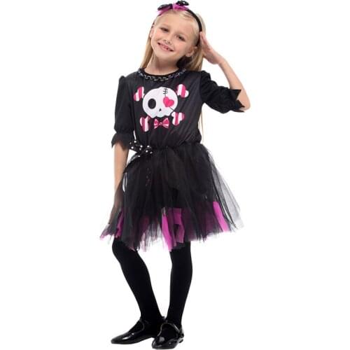 New Halloween Costumes for Girls Sweet Skull Dress Costume Black Color Kids Cosplay Cloth