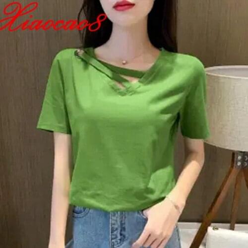 New Fashion Summer 7 Colors Short Sleeve V Neck Women T Shirts Oversize Casual Femme Tops Solid Cotton Tees Women Clothing