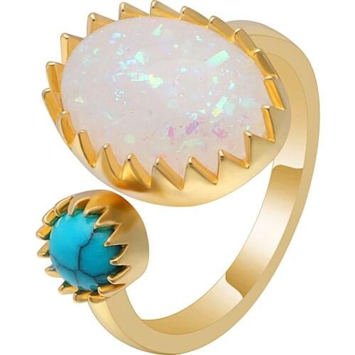 New Fashion Female CZ Fire Opal Ring Jewelry Gold Color Beautiful Opal & Blue Stone Crown Oval Ring For Women Charm Custom Ring