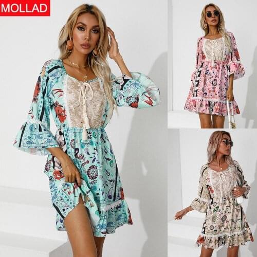 Fall 2021 European and American Womens Clothing European Station Printed Sequined Three-Quarter Sleeve Dress