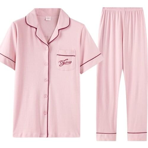 Summer casual full pure cotton women pajama sets cute pink short sleeve tops + long pants 2 pieces sleepwear women pyjama femme