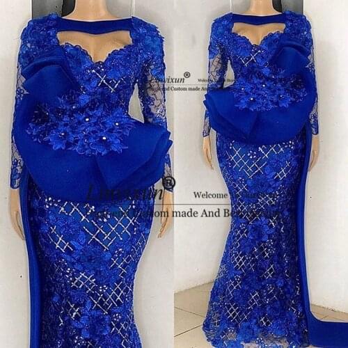 Real Photos Nigerian Woman Dress Royal Blue Vestidos de fiesta Full Sleeves Evening Dresses Long Lace Abendkleider Prom Gown Aso