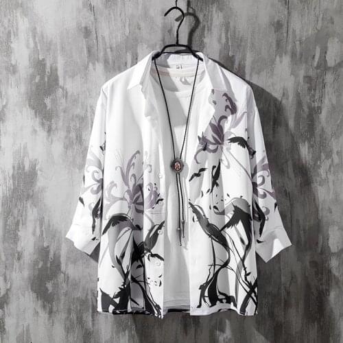Harajuku Shirt Men Plus Size White Shirts Mens Casual Loose Long Sleeve Beach Wear Tops New Fashion Printed Button Shirt KK3534
