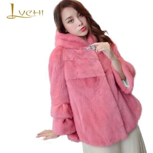 LVCHI Winter 2019 Import Mink Fur Coat Womens With Hat Fur Hood Three Quarter Batwing Sleeve Loss Pink Draped Mink Fur Coats
