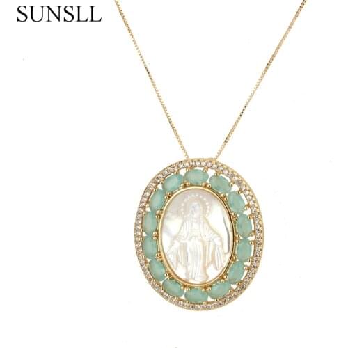SUNSLL Gold Copper 2 Color Cubic Zirconia And Shell Oval Pendant Necklaces Womens Fashion Jewelry CZ Colar Feminina
