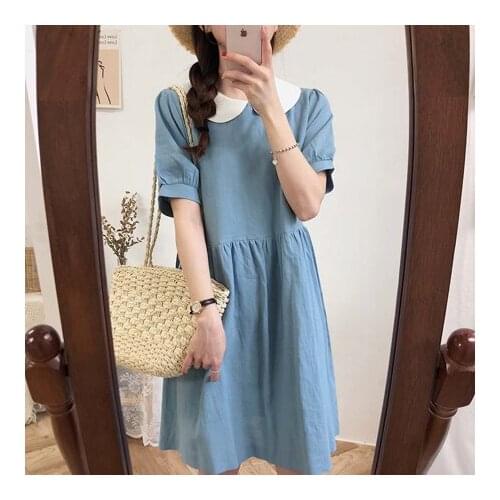 Collar new Summer Dress Women Cotton Linen OL Casual Short Sleeve Dresses Female Dress Solid brown dress Boho Robe Femme Vestido