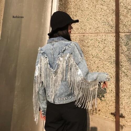 Womens Denim Jacket Sequins Fringed Loose Autumn New Female Plus Size Washed Light Blue Short Jean Jacket Chaqueta Mujer