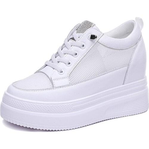 Women Summer Shoes Chunky Sneakers Air Mesh Hollow Out Genuine Leather White Wedge Shoes Platform Heel Pumps Mujer Bombas