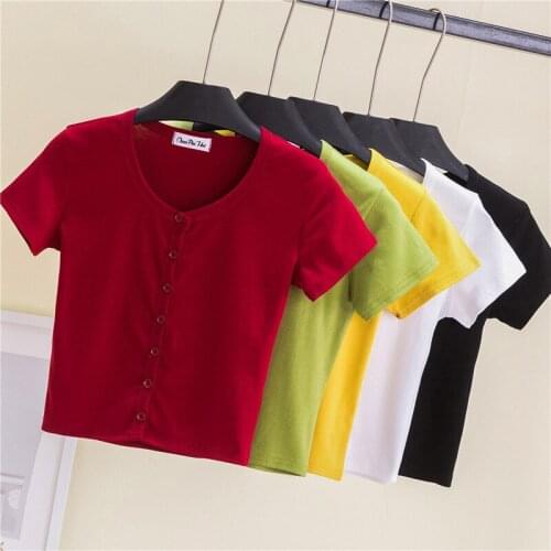 2021 New Summer Crop Top T-shirt Women Solid Cotton O-Neck Casual Lady Top Tees Fashion Tshirt Female Clothing T Shirt Top Tee