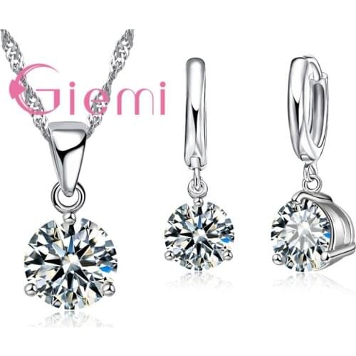 8 Colors 925 Sterling Silver Wedding Elegant Jewelry Sets Crystal Pendant Collar Necklace Earrings Women Decoration Set
