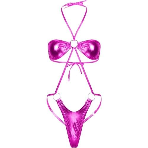Womens Erotic Lingerie Slingshot Mini Trikini Thong Teddy Bodysuit Shiny Metallic Halter Neck Backless Sexy Bodysuit Nightwear