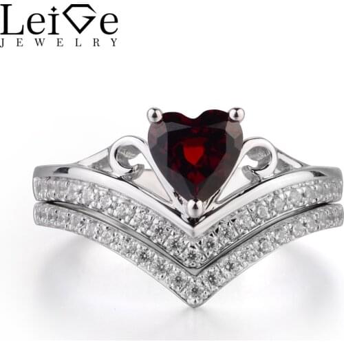 Leige Jewelry Real Natural Garnet Ring January Birthstone Engagement Ring Heart Cut Red Gemstone Solid 925 Sterling Silver Gifts