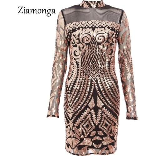 Ziamonga Sequin Print Sexy Mesh Bodycon Midi Dress Women 2020 Long Sleeve O-Neck See Through Night Club Party Tight Fitted Dress