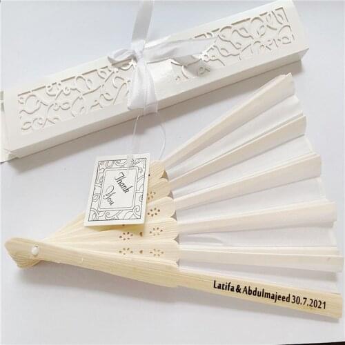50 pcs Personalized Engraved Luxurious Silk Fold hand Fan in Elegant Laser-Cut Gift Box +Party Favors/wedding Gifts+printing