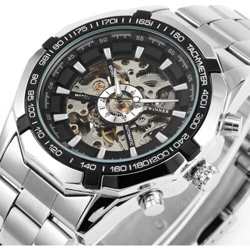 2019 Silver Stainless Steel Waterproof Mens Skeleton Tourbillon Watches Top Brand Luxury Mechanical Male Wrist Watch