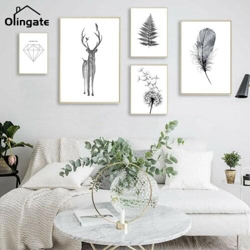 Black and White Flower Deer Wall Painting Fresh Wall Art Feather Dandelion Canvas Pictures One Piece Canvas Poster Home Decor