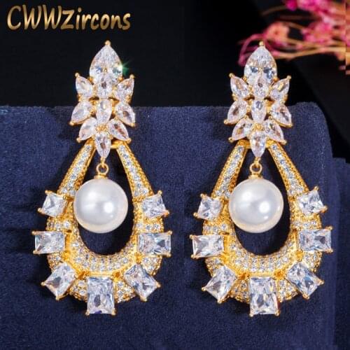 CWWZircons Shiny Cubic Zirocnia Dangle Drop Big Long Indian Gold Earrings with Pearl Wedding Party Dress Jewelry for Women CZ629
