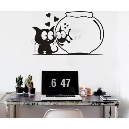 Home Living Room Decor Cat Fish Aquarium Wall Decals Lovely Cat Wall Art Sticker Fish Tank Wall Posters Murals Decor AZ1037