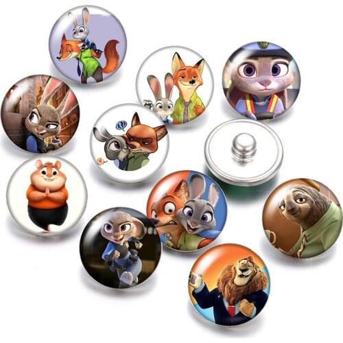 Disney Zootopia Nick Fox Jude 10pcs Round photo glass cabochon 18mm snap buttons for 18mm snap bracelets jewelry wholesale