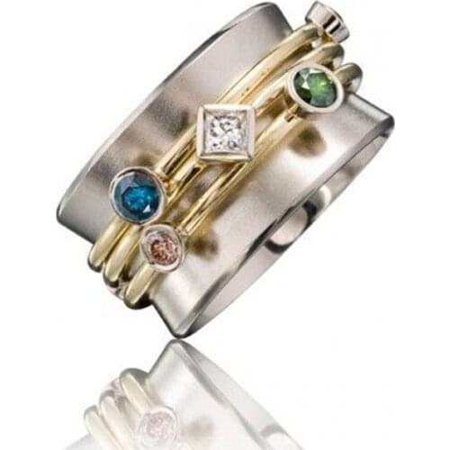 Hot Sale Fashion Female Ring Gold Two-color Geometric Structure Inlaid Mixed Color Zirconia Women Ring European and American