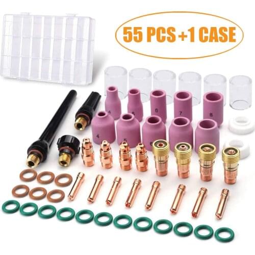 55Pcs Tig Welding Accessories Kit Stubby Gases Lens Heat-Resistant Glass Cup Alumina Nozzle Set for WP-17/18/26