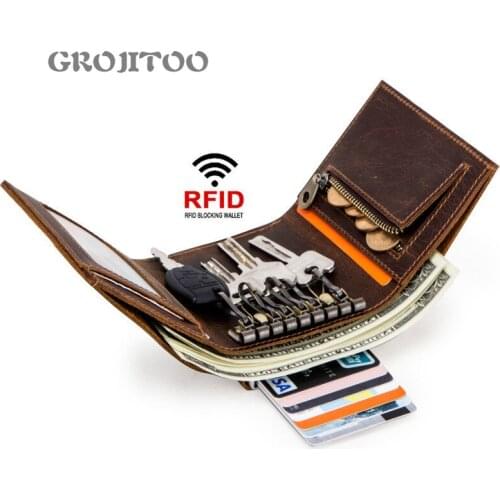 GROJITOO Crazy Horse cowhide Tide mens wallet multi-functional RFID automatic card box short coin male wanllet