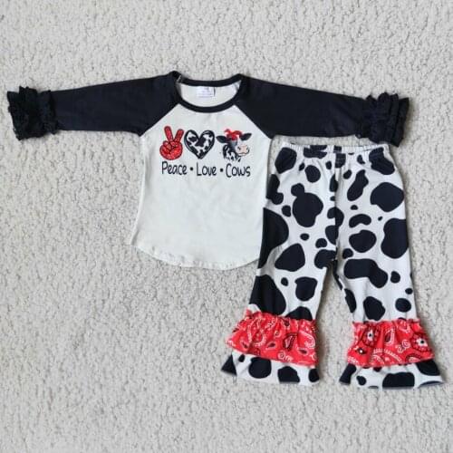Fall Winter Kids Clothing Peace Love Cow Black Long-sleeved Top And Cow Print Trousers Suit Childrens Clothes