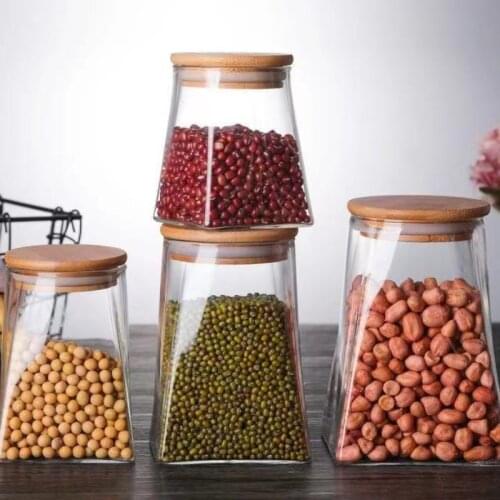 Creative Trapezoid Design 350-950ml Storage Jar with Bamboo Cover Bottle Coffee Bean Candy Solid Seasoning Food Container