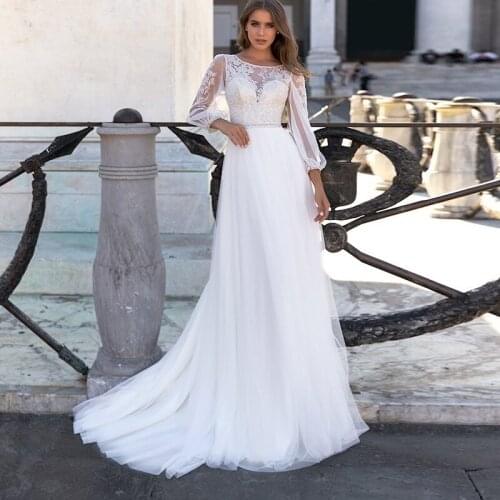 Vestido De Noiva Lace Appliques Scoop Puff Long Sleeves Tulle Bridal Wedding Gowns Floor Length Beach Bridal Dresses