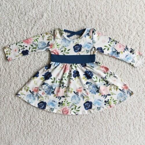 Hot Design Toddler Girl Boutique Dress Flower Print Design Dark Blue Waist Patch Girl Fashion Dress