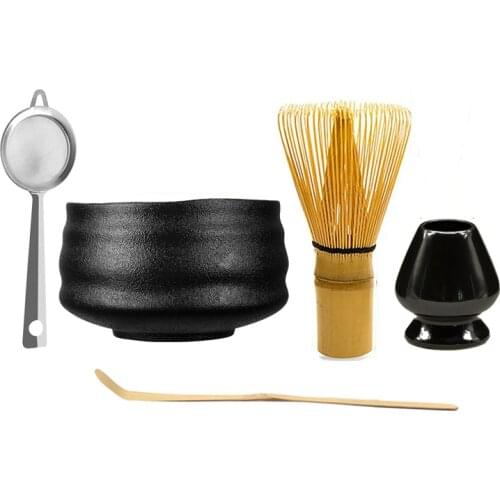 Unique Crude Matte Black Ceramic Chawan Kiln Glazed Handmade Japanese Matcha Bowl Bamboo Whisk Sifter Holder Scoop Gift Kit