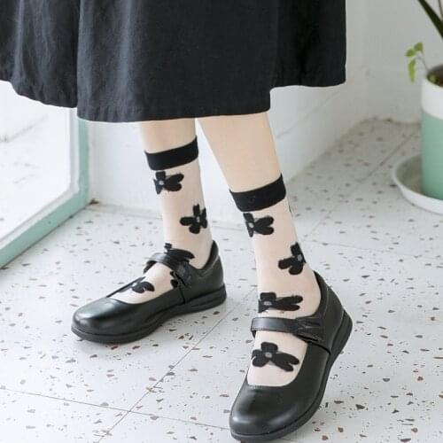 7 Colors Flower Print Candy Thin Glass Crystal Middle Tube Socks Cute Tide Women Spring Summer Socking