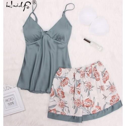 Sexy Floral Print Lace Cami Top And Shorts Satin Pajama Set 2019 Women Spaghetti Strap Sleeveless Patchwork Elegant Sleepwear