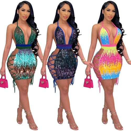 Sequin Dress Women Sleeveless Lace Up Halter Hollow Out Backless Mini Dress Bodycon Sexy Birthday Party Club Outfits Female