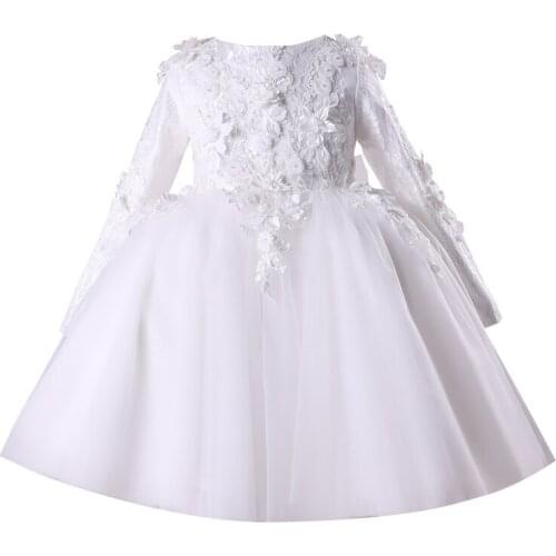 Long Sleeve Baby Girls Princess Dress Appliques White Lace Christening Wedding Birthday Ball Gown Pageant Party Formal Clothes