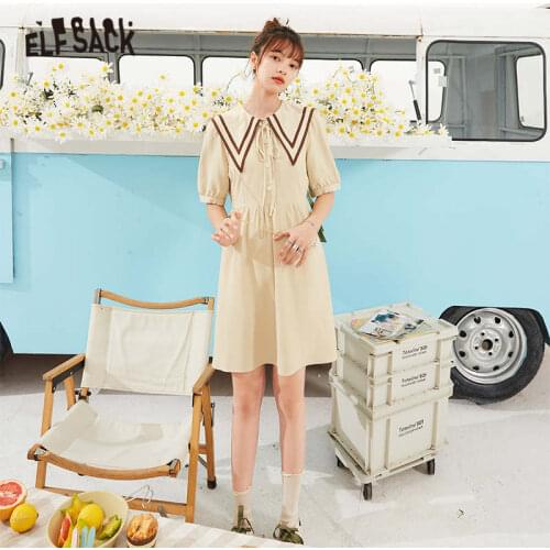ELFSACK Solid Pure Casual Vintage Preppy Dresses Women,2021 Summer Sailor Collar Short Sleeve Korean Ladies Daily Dress