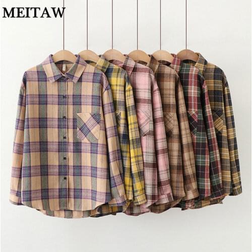Autumn Winter Cotton One Pocket Checkered Shirt Women Long Sleeve Office Blouses Shirts 2020 Casual Loose Plaid Tops