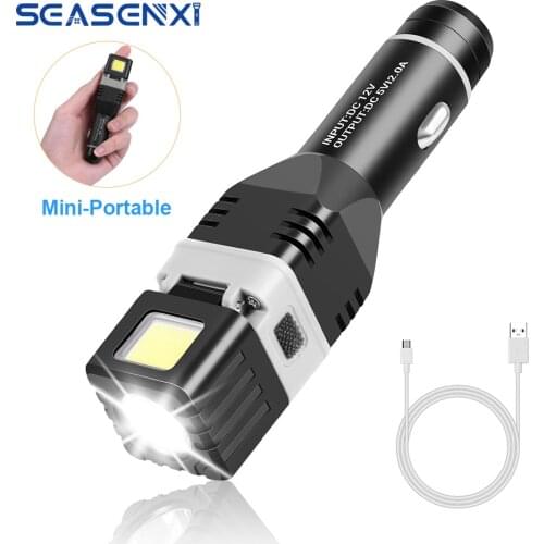 SEASENXI LED Flashlight Car Chargeable Mini Flashlight Powerful Built-in Battery XPG+COB Lamp beads Torch with Security Hammer
