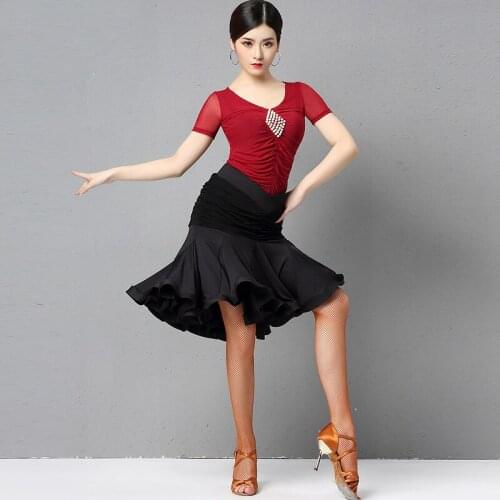 Latin Dance Practice Clothes Female Adult Summer Short Sleeve Mesh Tops Fishbone Skirt Samba Dance Outfit Rumba Costumes DQL3901