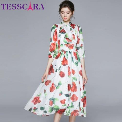TESSCARA Women Autumn Elegant Floral Chiffon Dress Festa High Quality Long Party Robe Femme Bow Designer Lantern Sleeve Vestidos