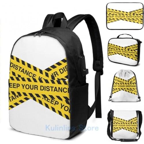 Funny Graphic print Keep your distance USB Charge Backpack men School bags Women bag Travel laptop bag