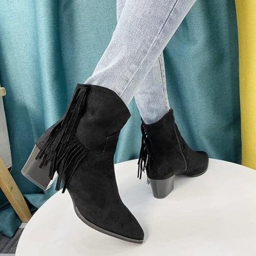2021 suede leather pointed toe ankle boots for women 8 cm spikehigh heel fringe tassel short boots ladies bota feminina