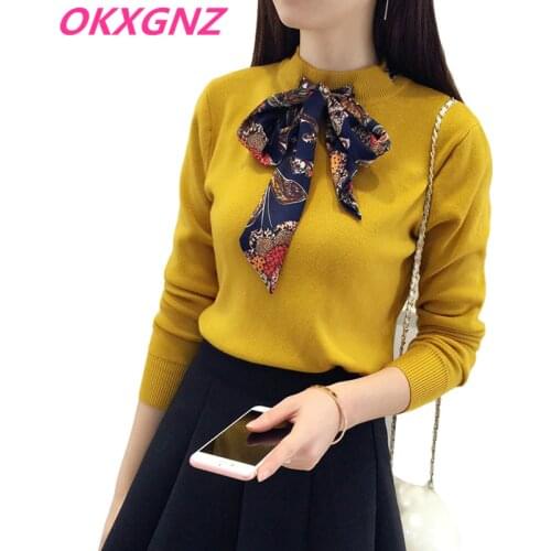 New Knitted Sweater Fashion 2020 Winter Yellow Women Sweater And Pullover Bow tie Top Female Jersey Mujer Jumper Pull Femme P214