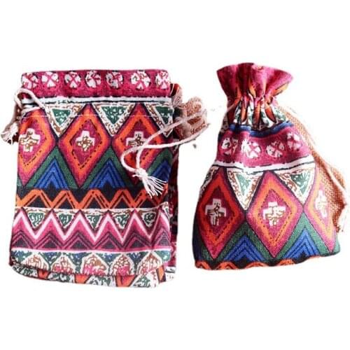 10pcs (10x14cm) red Ethnic wind cotton bags Natural Burlap Linen Jewelry Travel storage Pouch Candy Packing Bags for Gift bag