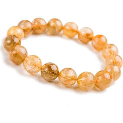 12.5mm Brazil Natural Titanium Gold Hair Rutilated Quartz Crystal Round Bead Bracelet Clear Stretch Charm Bracelet