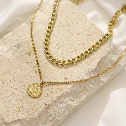 2pcs/set Vintage Double Layers Cuban Chain Stainless Steel Portrait Coin Necklace For Women Tarnish Free Gold Layer Necklace