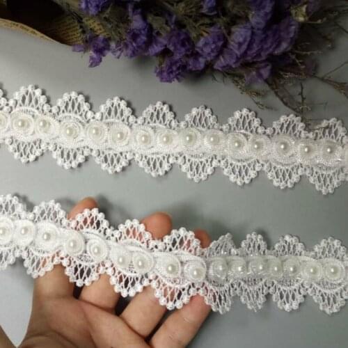 2 yard White Pearl Beaded Flower Embroidered Lace Trim Ribbon Floral Applique Patches Wedding Dress Fabric Sewing Craft 4cm
